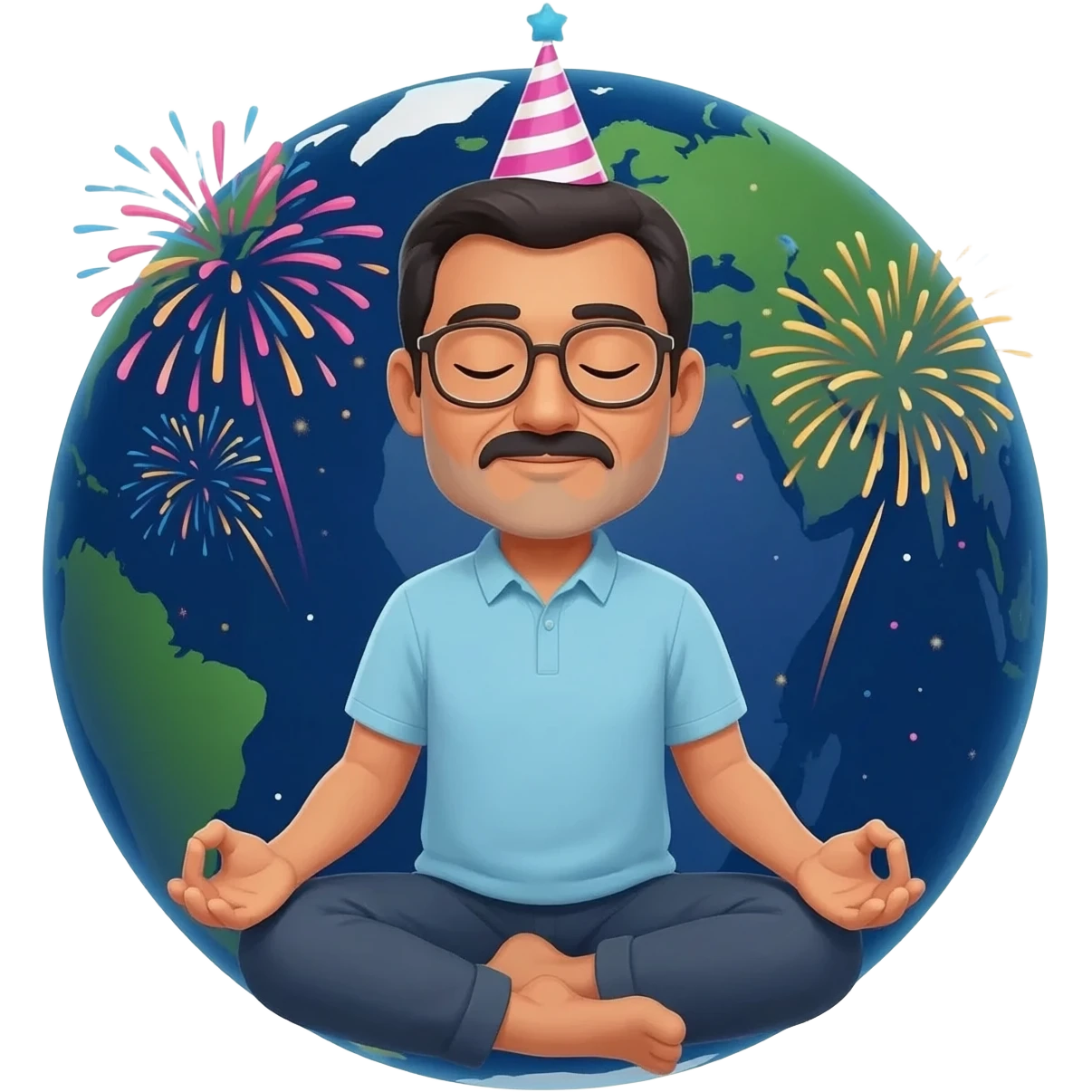 middle age mexican man with glasses, no facial hair, sitting indian style while sitying ontop of the planet earth which is close in size to the mexican man,  meditating with his eyes closed with a birthday party hat on and fireworks all around in the background in space.  emoji