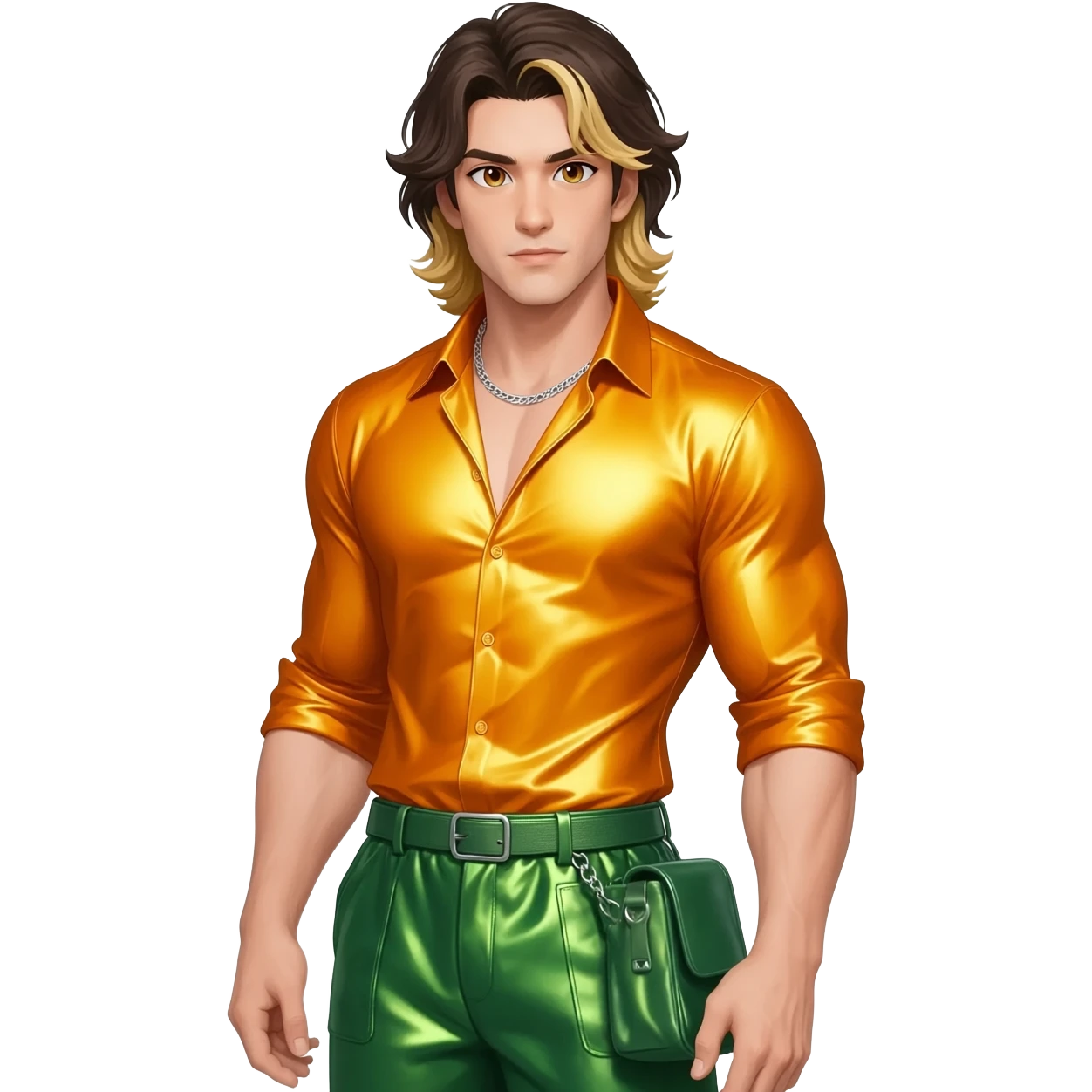 Jason Momoa with hazel eyes, dark brown long hair with blonde highlights, yellow orange metallic shirt, green metallic baggy pants, silver necklace emoji