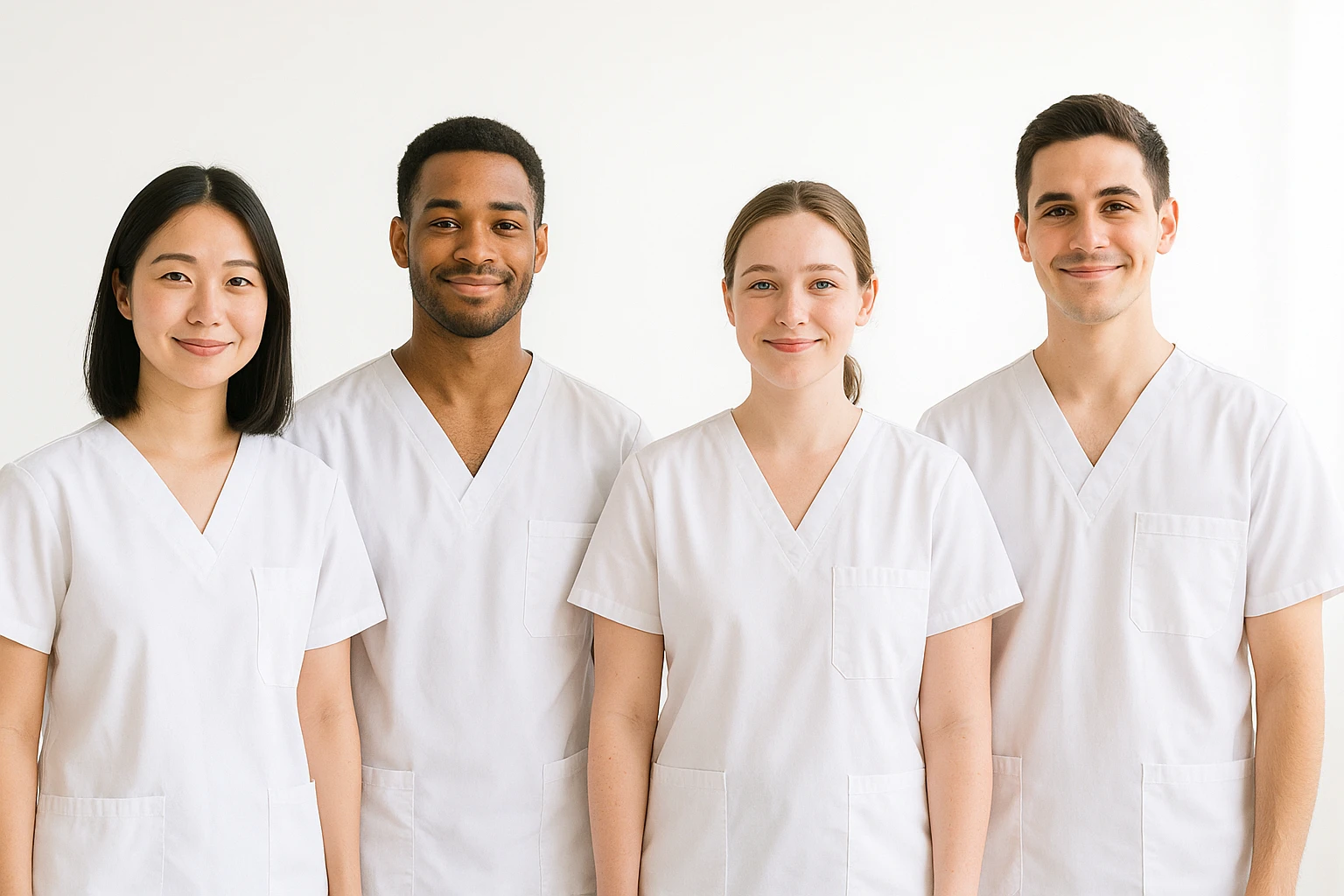 four nursing students standing side by side, not touching each other, warm atmosphere, wearing short-sleeved white uniforms, no undershirts, no stethoscopes emoji