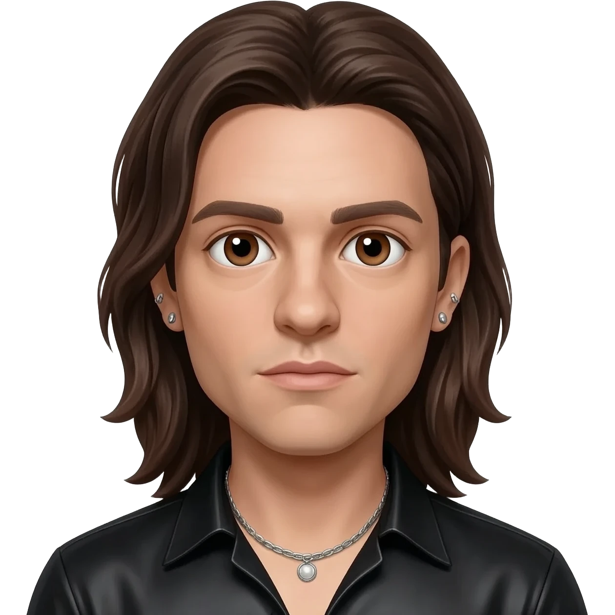 Tom Kaulitz with brown eyes, long dark brown hair, black metallic shirt, silver necklace and short earrings emoji