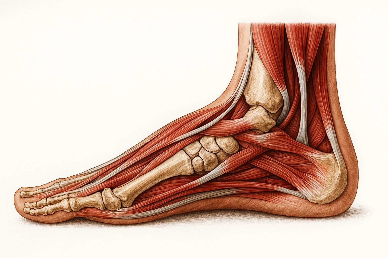 PIEDE UMANO ANATOMICO CON PIANTA PIATTA, VISTO DI PROFILO, CON FASCI MUSCOLARI E OSSA VISIBILI, REALISTICO 4K SFONDO BIANCO emoji
