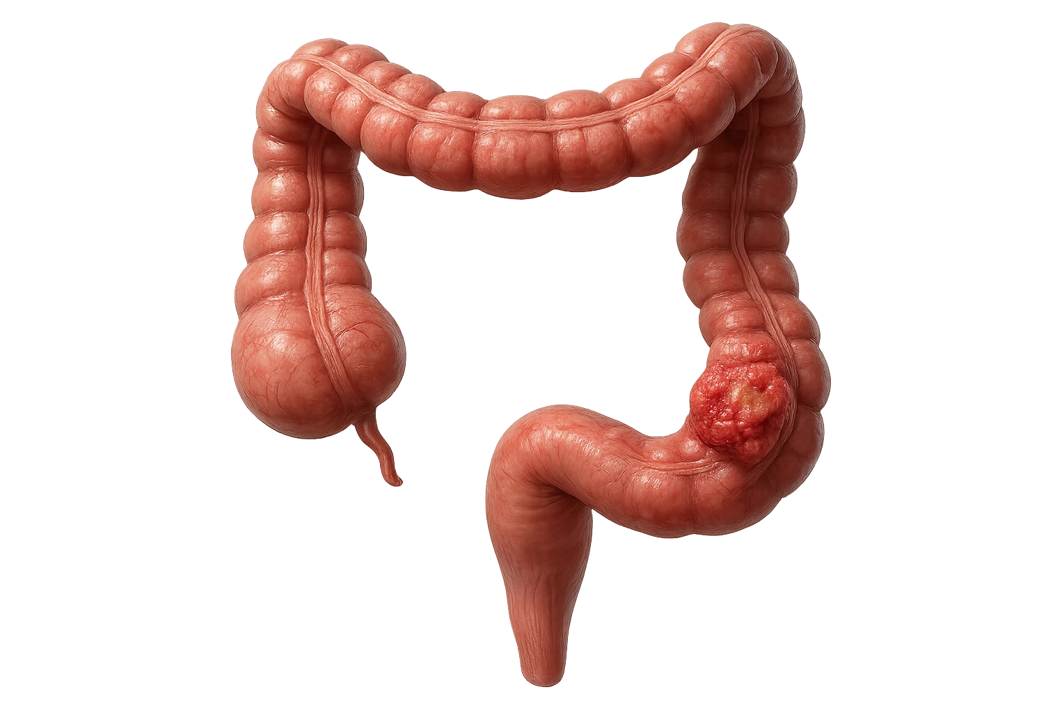 colon umano anatomico realistico malato di cancro, fai un punto visibile in cui si nota proprio la massa tumorale,+ iperrealistico 4k emoji