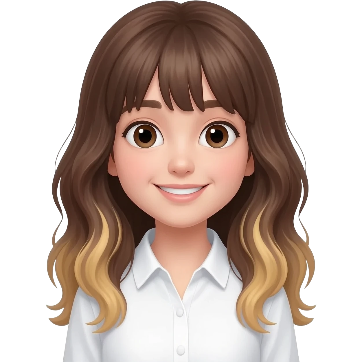 a girl with long lenght brown wavy long hairs with bangs and blonde tones to the ends. big eyes and soft features and with t feaa sincere smile, and the head slightly to the side. outfit is white shirt emoji