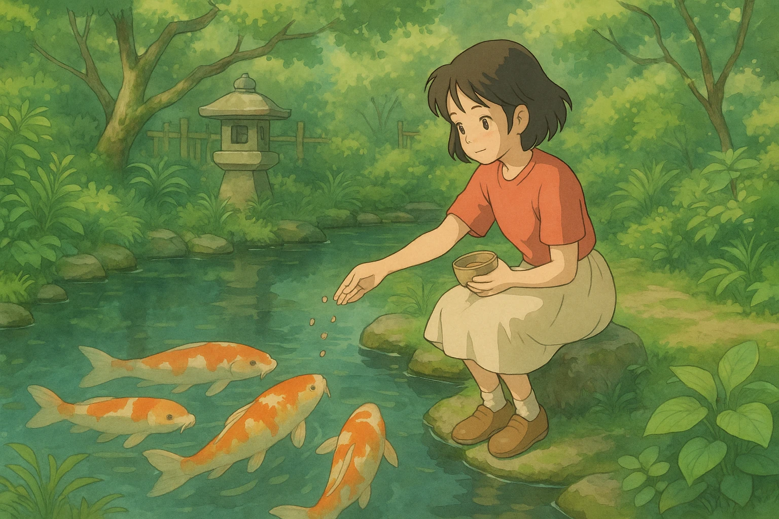 girl feeding koi fish in a pond emoji