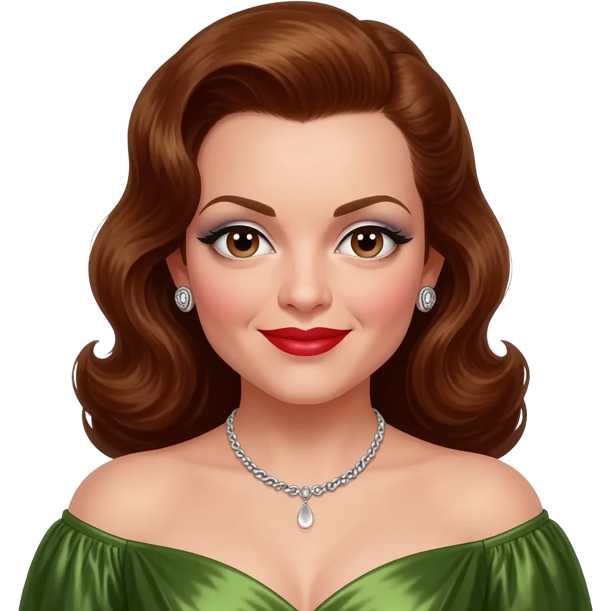 LaVerne Andrews from The Andrews Sisters with brown eyes, long auburn hair, white eyeshadow, red lipstick, olive green metallic off shoulder dress, silver necklace and earrings emoji