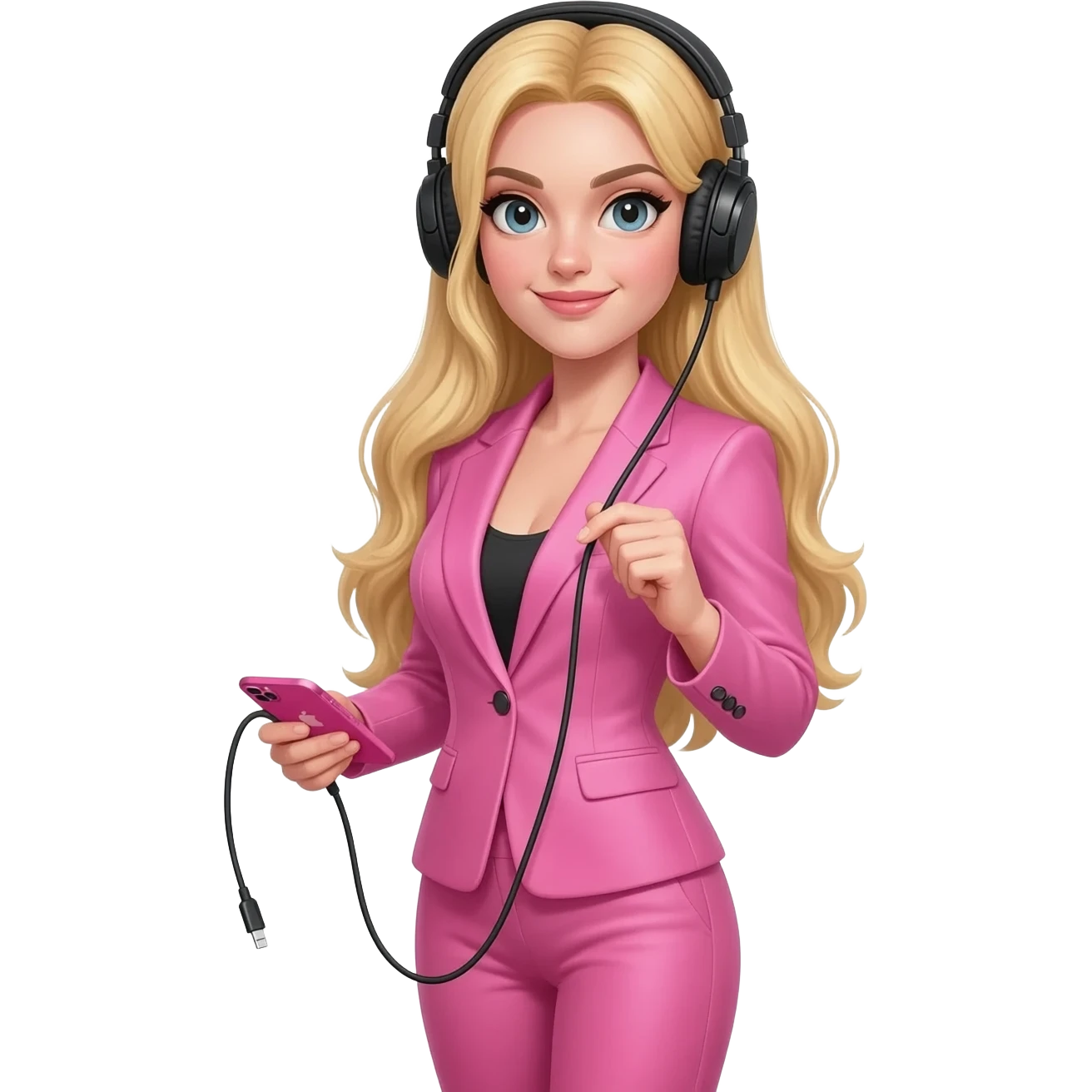 Woman in blonde hair and pink suit wear a black headphones on head connect to pink iphone max pro and hold on headphones on head with hands emoji