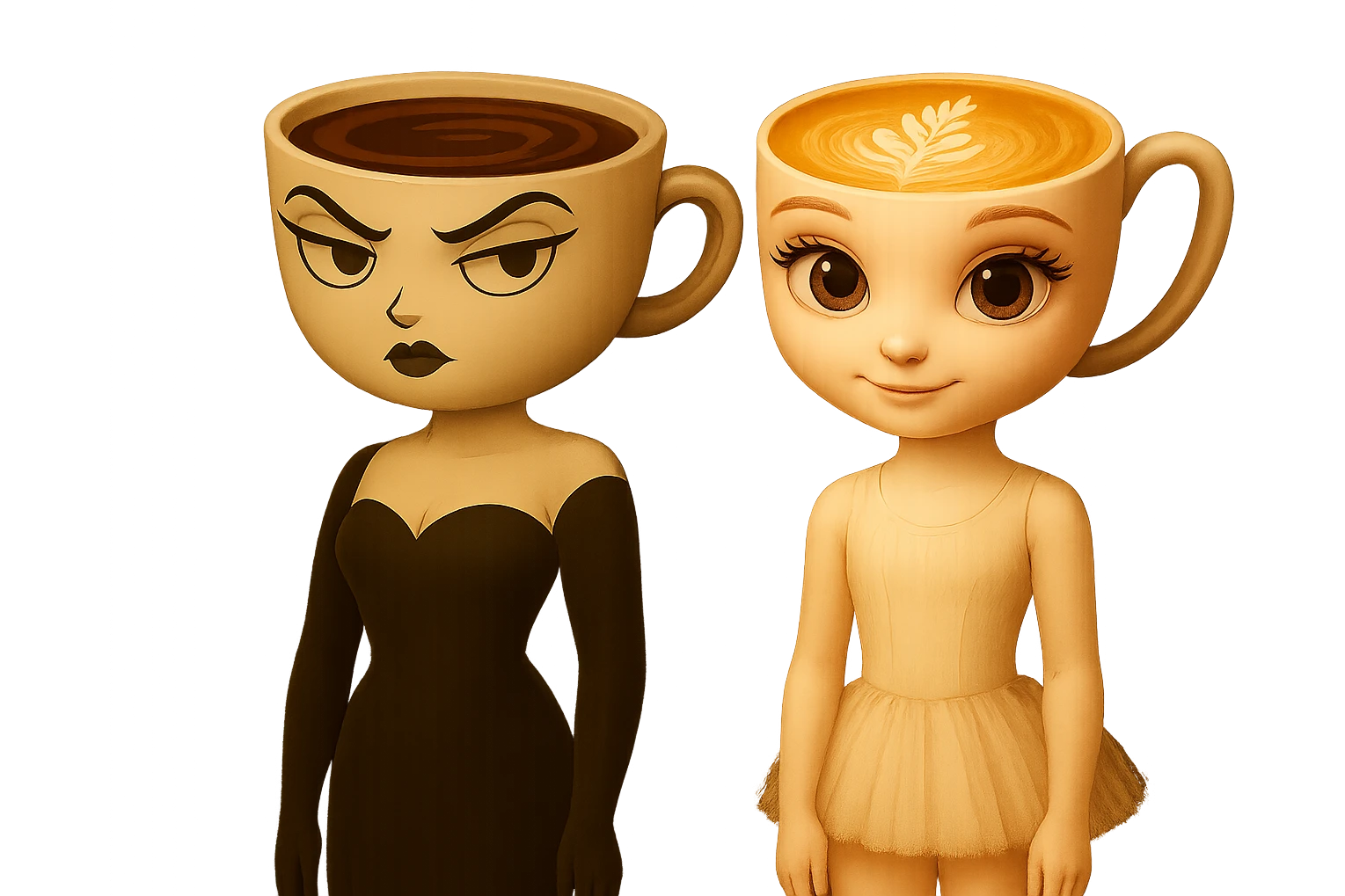 Edit the image to adjust the ballerina character's arms so they are straight down at her sides, while keeping the coffee character unchanged with her arms already straight. Maintain the transparent background. emoji