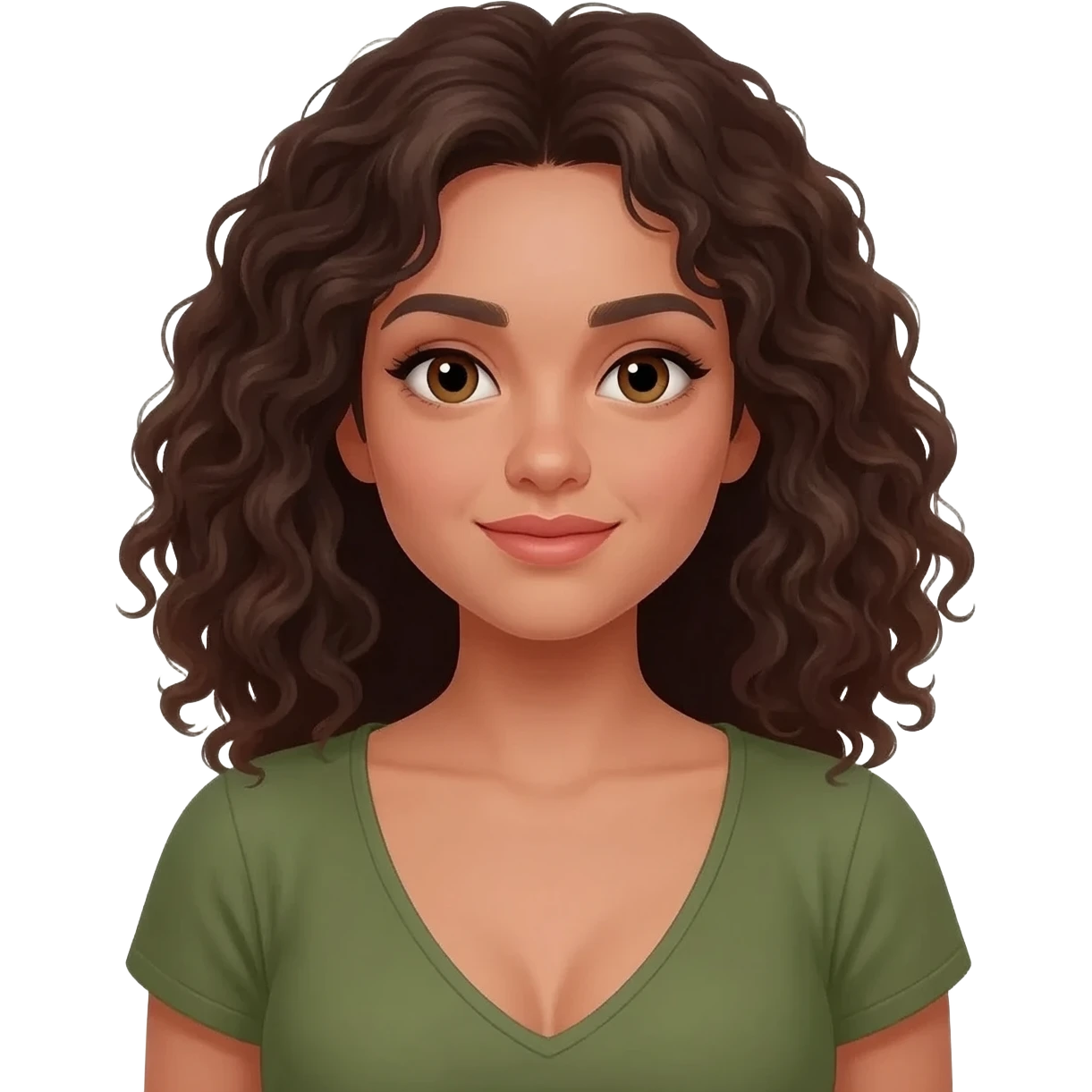 Chica morena de cabello rizado a los hombros con top verde olivo escotado emoji