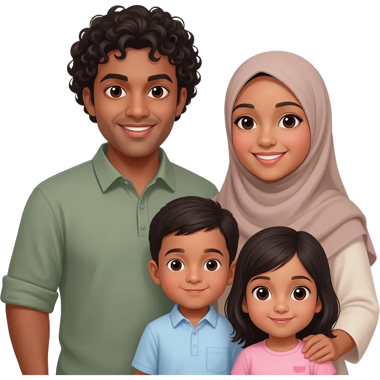 Family of four man woman 1 year old boy and baby girl but make the woman a hijabi and the boy younger man with a low fade pern get rid of the torso infront of woman give tha man curly hair with low fade  add a baby girl bald with a bow emoji