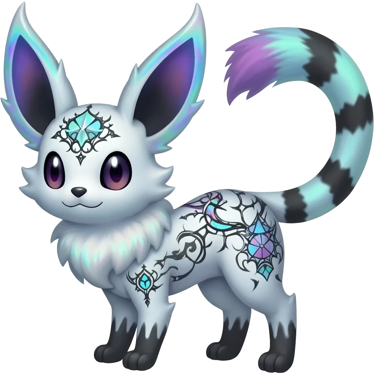 Rare neon iridescent white exotic cute epic aesthetic gothic colorful Salandit-Eevee-Civet-species-Fakemon-hybrid-creature, with intricate tattoo markings, full body emoji