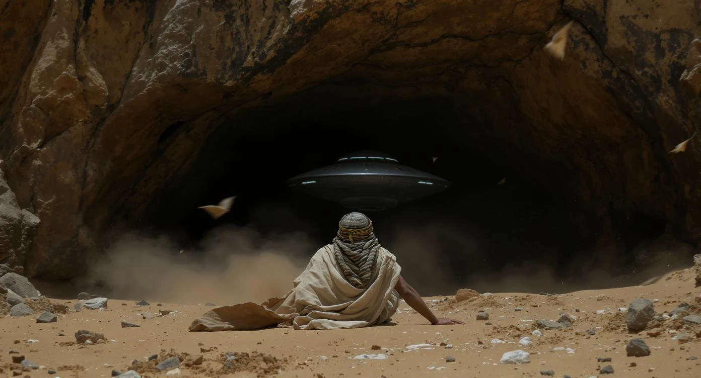 cinematic still, documentary photography, acient egypt, back shot of a man dress in ancient clothes in cave (frame in frame effect) on ground laying front of ufo starship, sand flying around, dynamic scane, leading lines, captured by arri alexa, depth layers emoji
