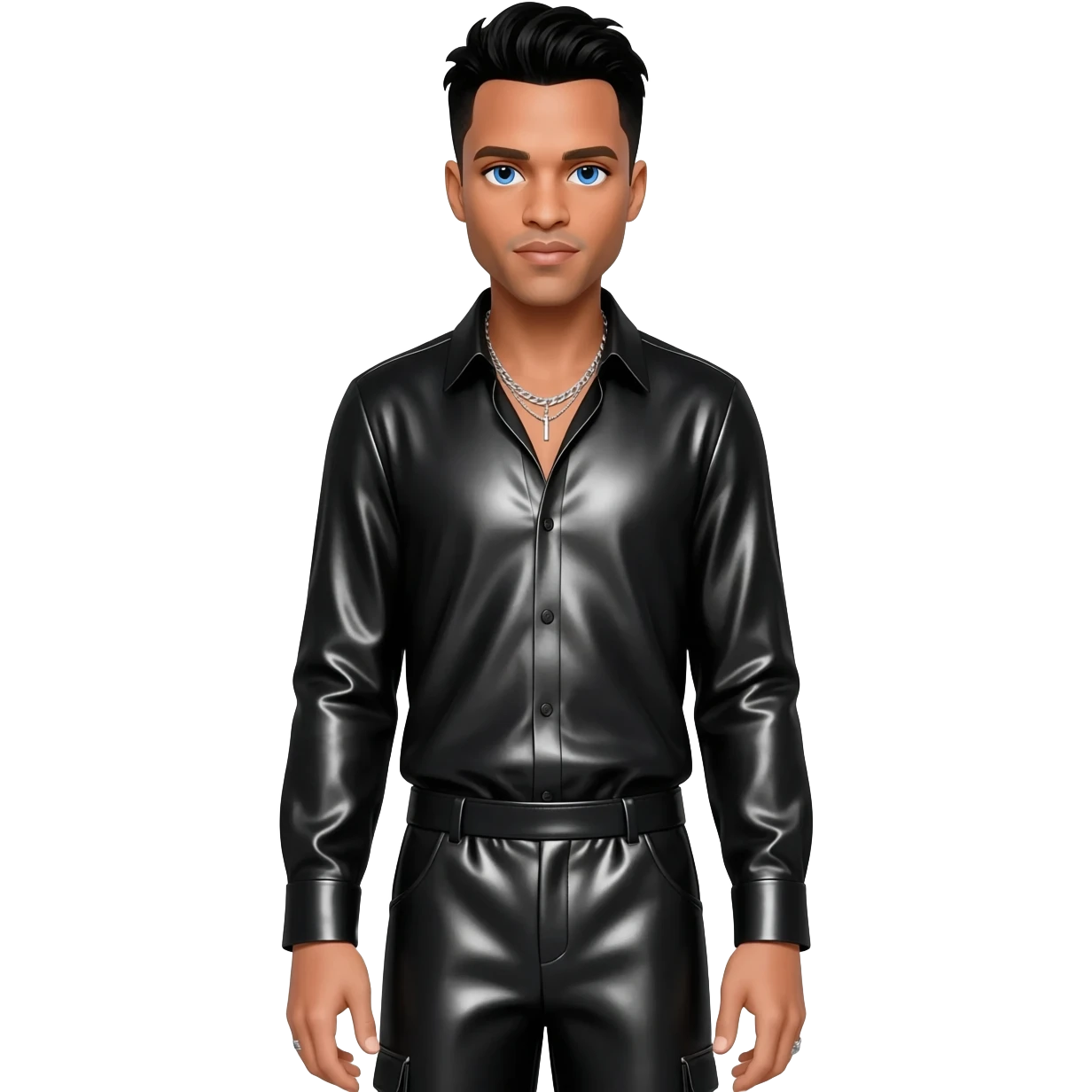 Robin Thicke with blue eyes, black hair, black metallic shirt, black metallic baggy pants, silver necklace emoji