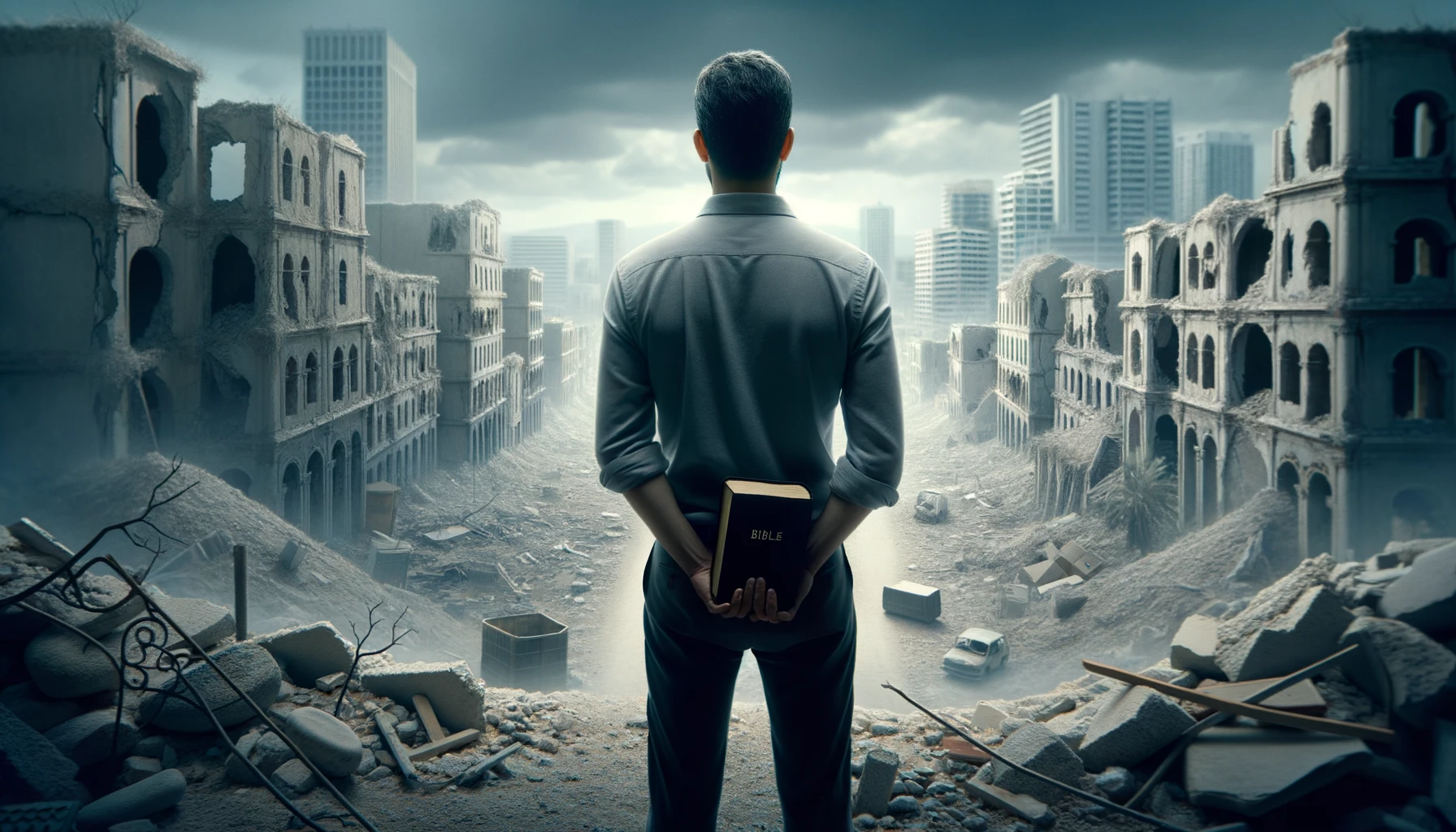 UOMO DI SPALLE DAVANTI AD UNA CITTà SMANTELLATA SENZA MURA CON UNA BIBBIA IN MANO, GUARDA LA CITTà, IPERREALISTICO 4K emoji
