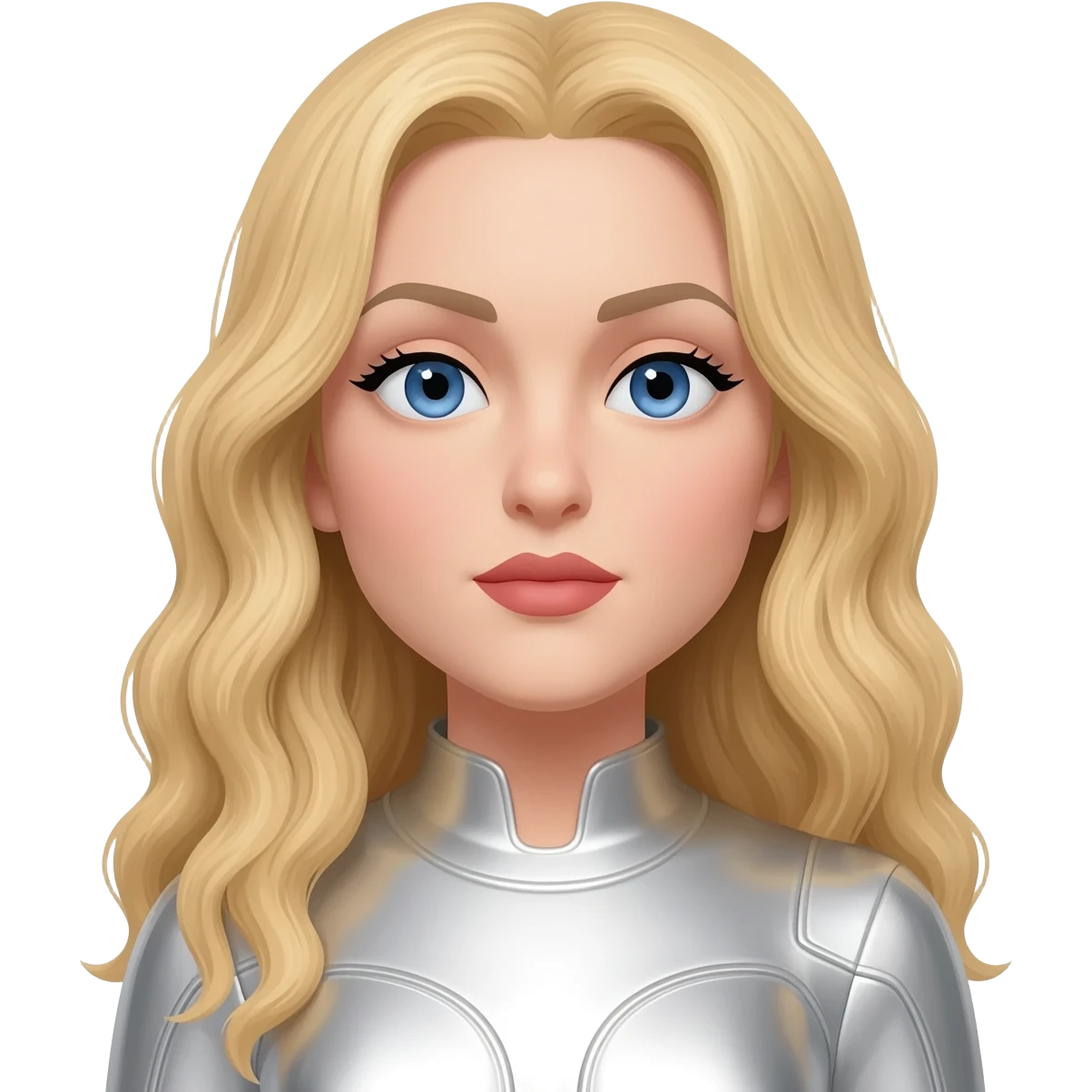 Madonna with blue eyes, long blonde hair, white metallic outfit emoji