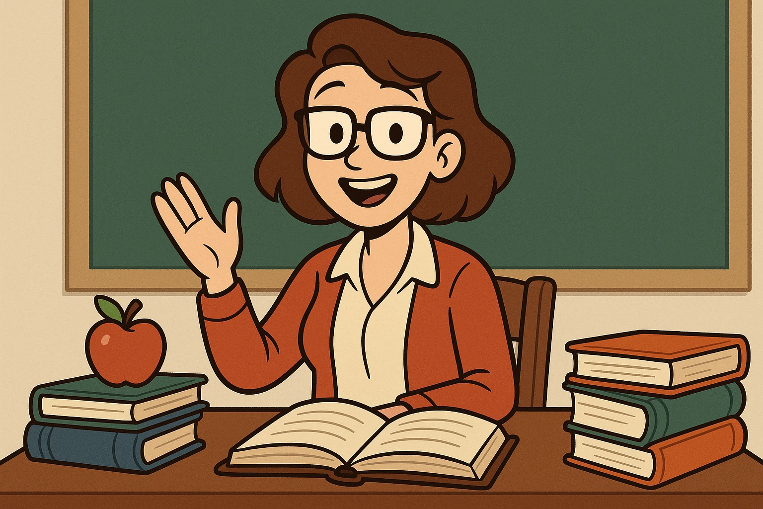 female teacher with glasses at a desk, surrounded by books and an apple, welcoming expression, classic school vibe, cartoon style emoji