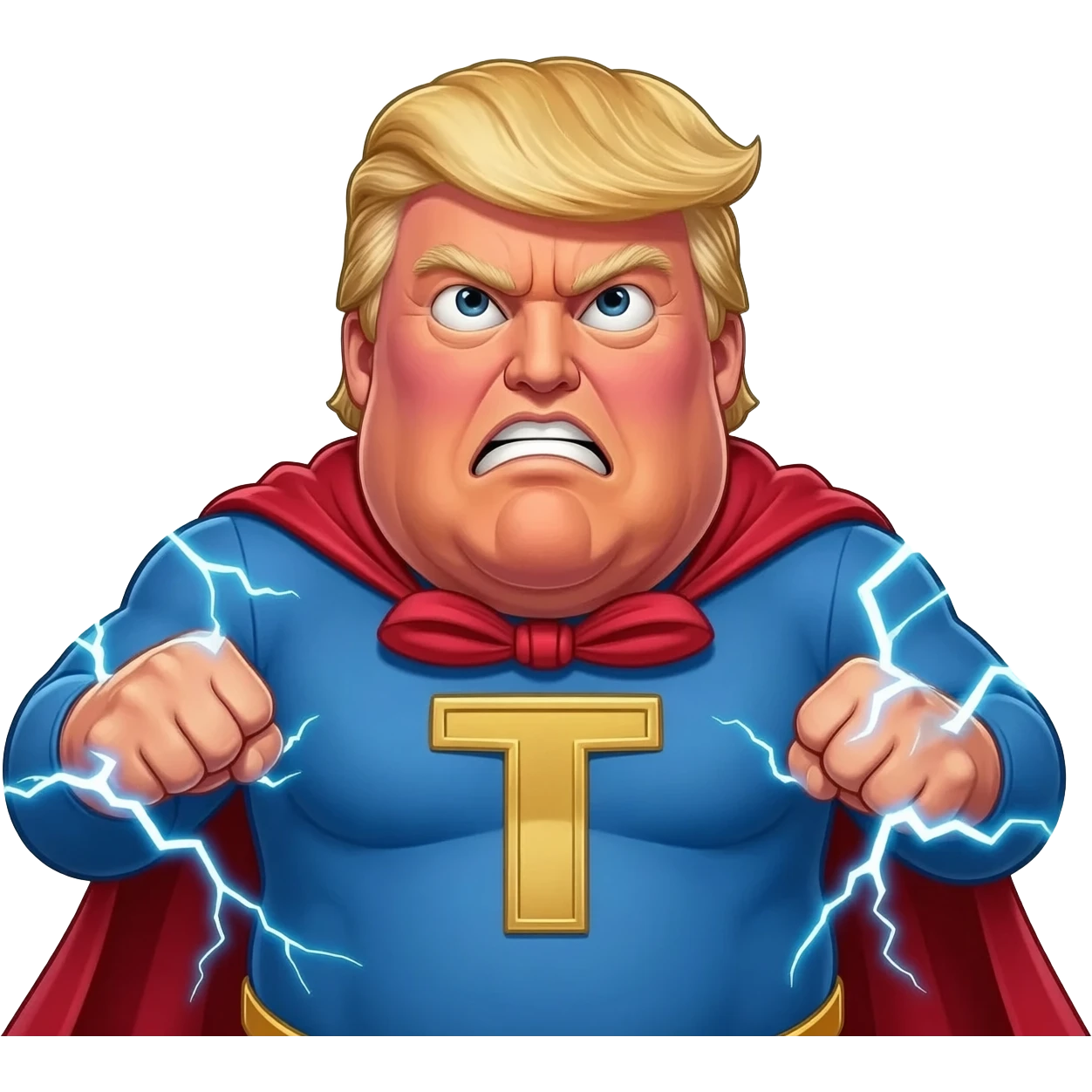 an angry old and fat President Donald Trump in a realistic style, even more realistic and not cartoonist at all, make it un flatering, real life photo, powering up for a super hero attack emoji