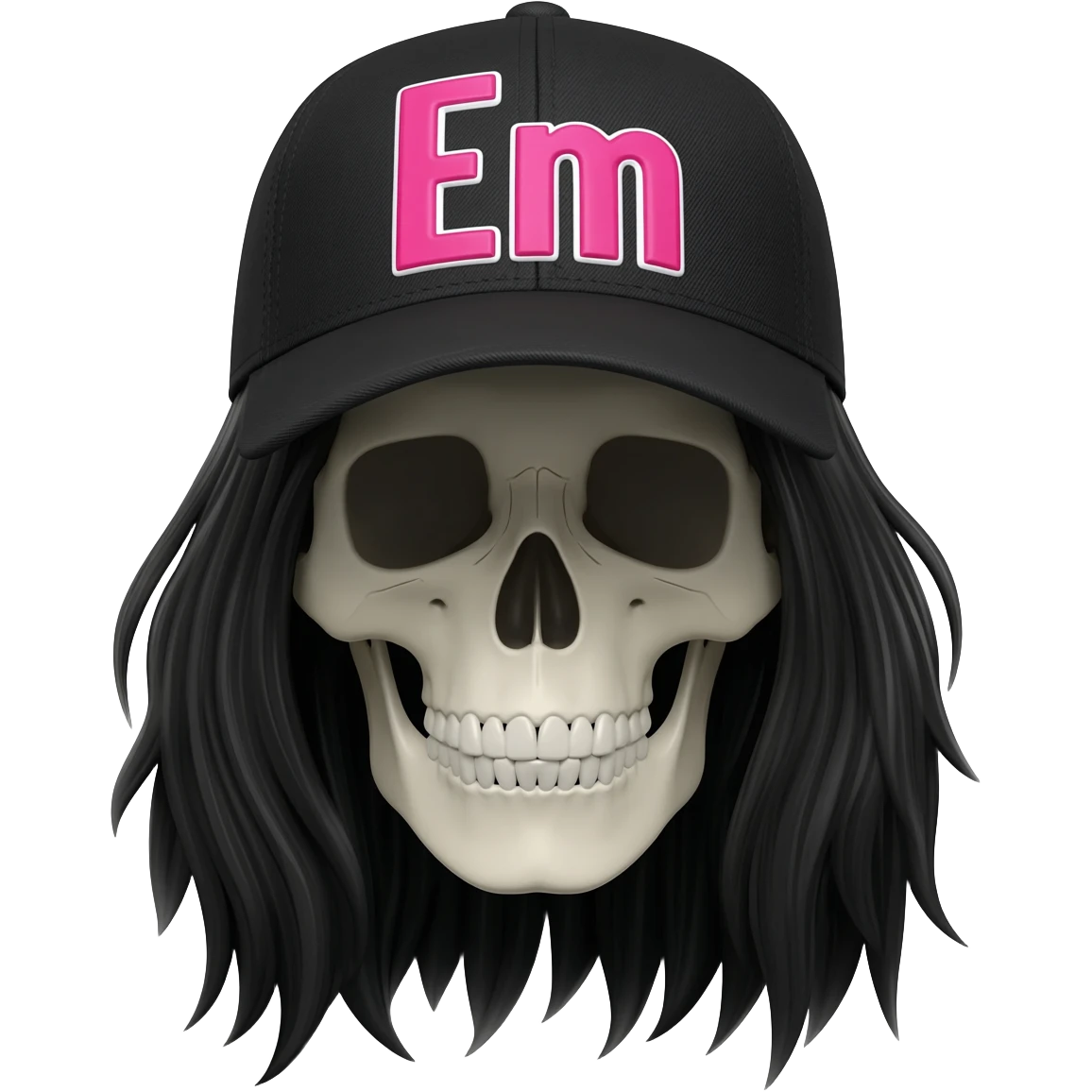Create a skeleton head wearing a black baseball cap that says " Em " in pink, and white lettering, with long black hair emoji