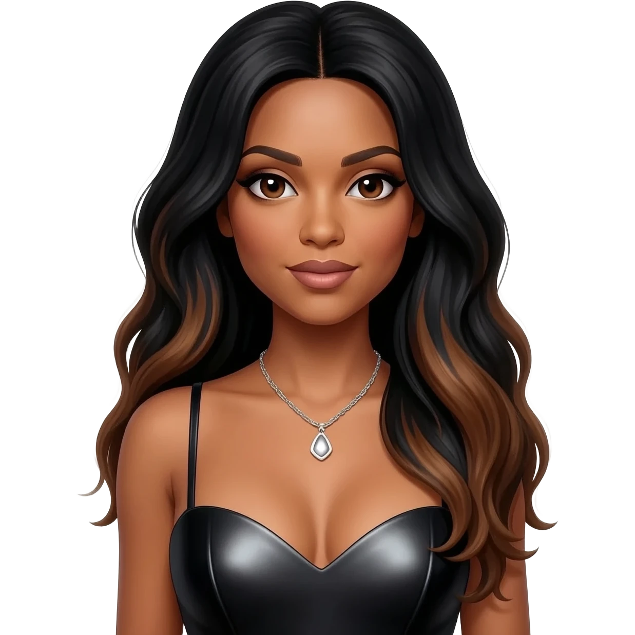 Aaliyah with dark brown eyes, long black hair with brown highlights, black metallic sweetheart dress, silver necklace emoji