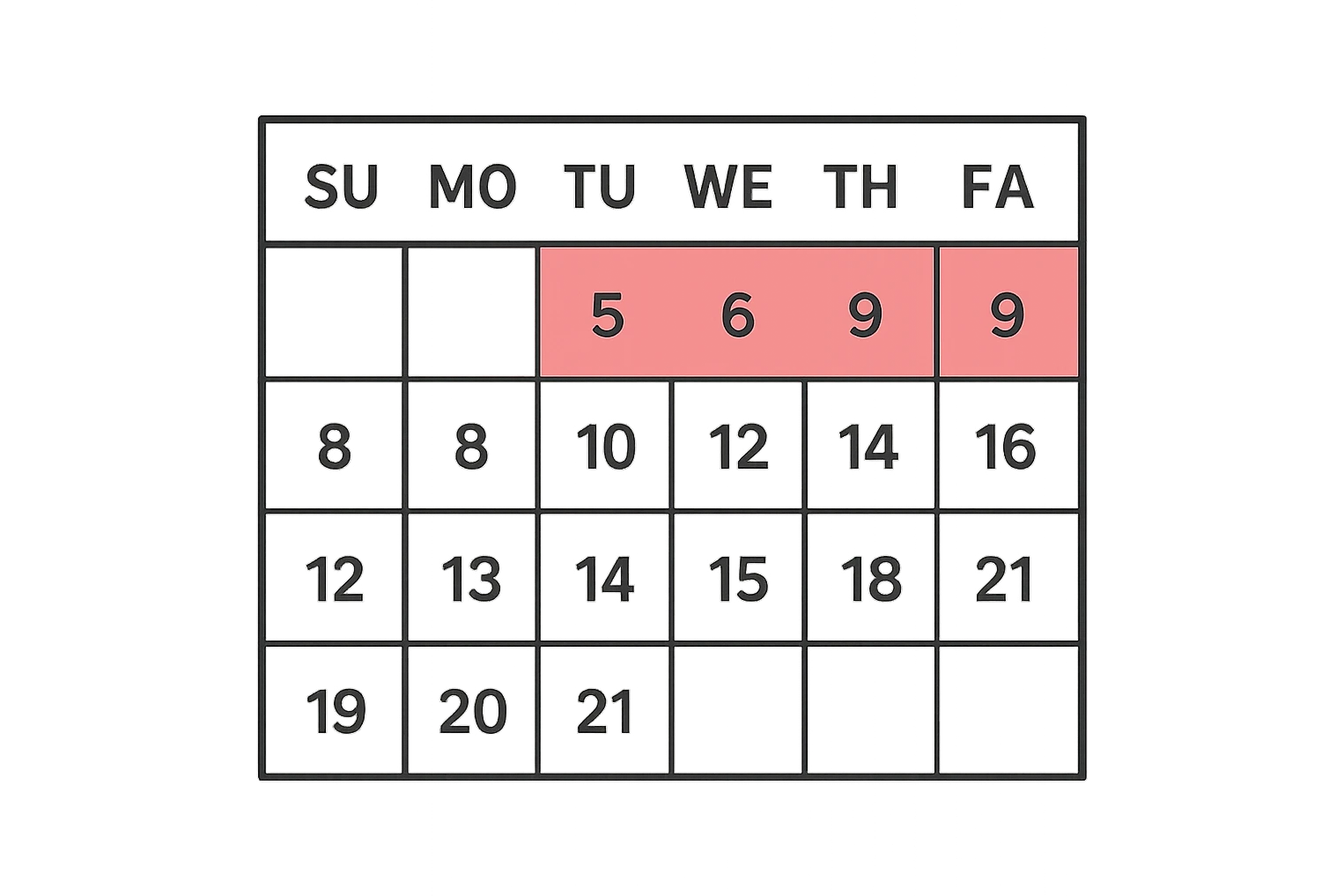 calendario con 5 giorni di fila segnati per il ciclo emoji