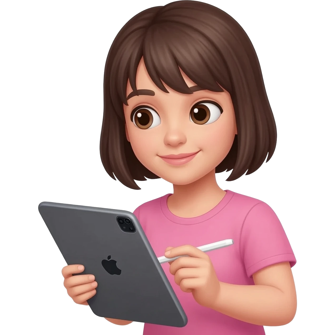 Brune aux cheveux court qui prend son temps tout doucement avec son grand iPad et un Apple Pencil. Vêtements rose emoji