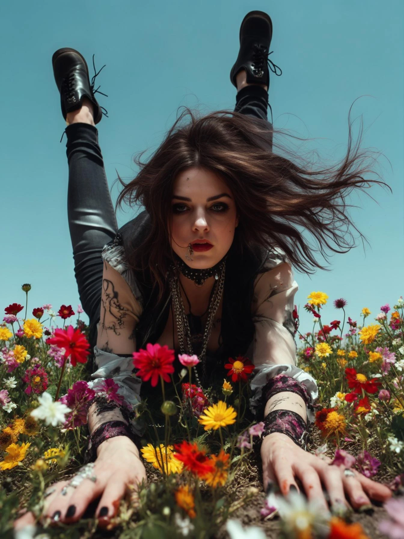 Closeup photo of a woman falling down (almost hit the ground) around colorfull flowers wearing alternative fashion, blue sky minimalistic background emoji