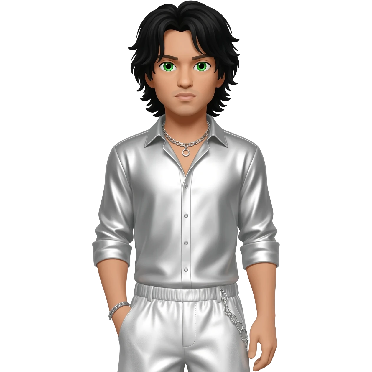 from Backstreet Boys with green eyes, long black hair, white metallic shirt, white metallic baggy pants, silver necklace emoji