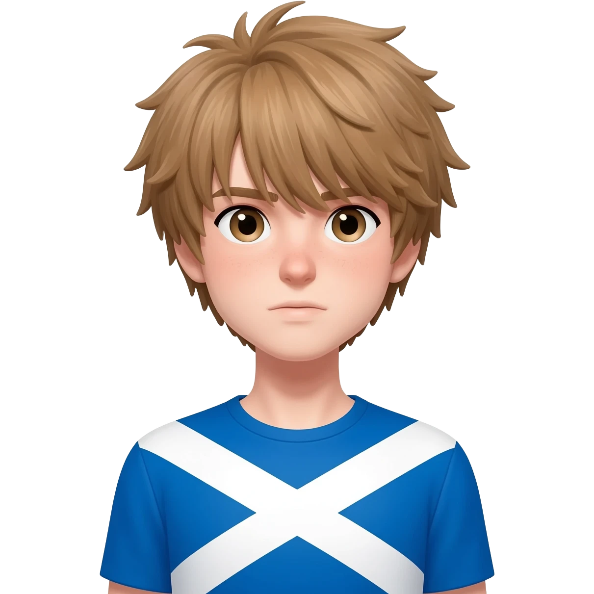 femboy with messy light brown bangs covering the eyes with scottish flag on his shoulders emoji