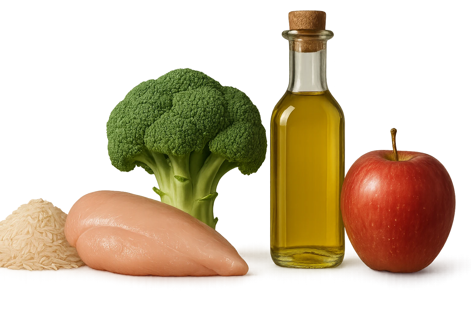 Riso basmati
Petto di pollo
Verdura fibrosa verde
Olio EVO
Mela
vista frontale, iperrealistico 4k emoji