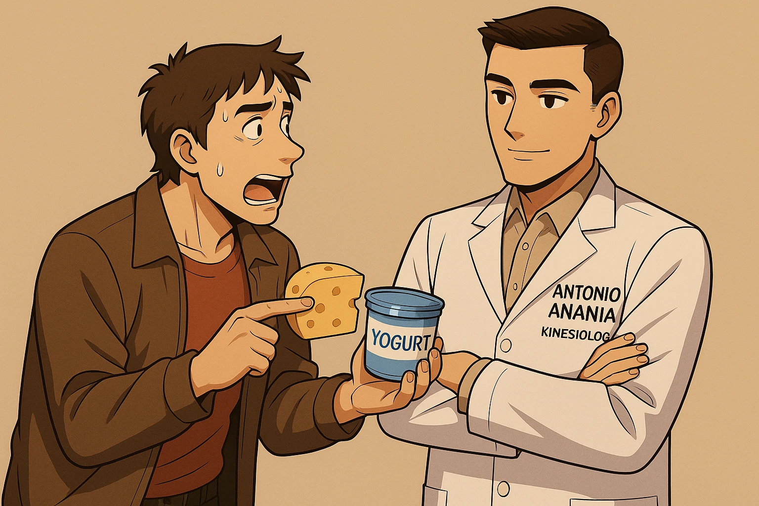 fai un webtoon manga a colori con questo stile, in cui un uomo fa una domanda al kinesiologo con il camice bianco (fagli anche la scritta "ANTONIO ANANIA" SUL CAMICE, l'uomo chiede una cosa mostrando un formaggio e uno yogurt al kinesiologo con il camice, IL KINESIOLOGO annuisce e SPIEGA ALL'UOMO UNA cos. L'UOMO ha un ESPRESSIONE CONFUSA IN VOLTO. non fare i fumetti però, fai solo in modo che sembri stiano parlando emoji