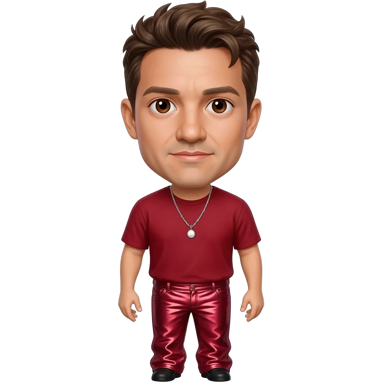Joey Fatone from NSYNC with brown eyes, brown hair, ruby red shirt, ruby red metallic long baggy pants, silver necklace emoji