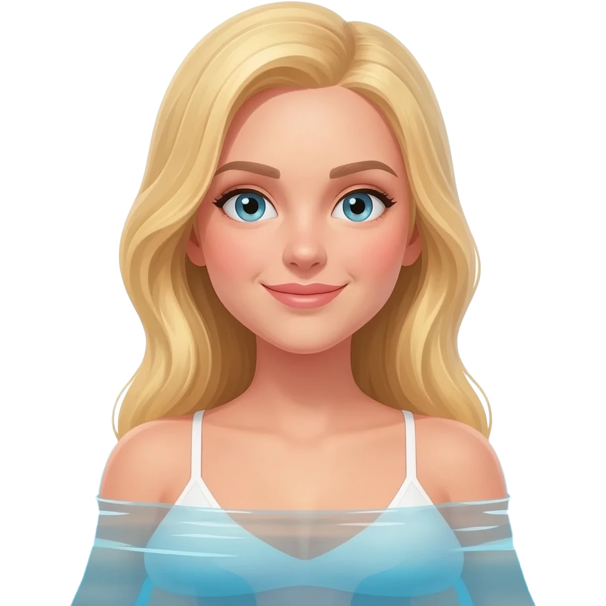 A naked woman with blonde hair in a big pool emoji