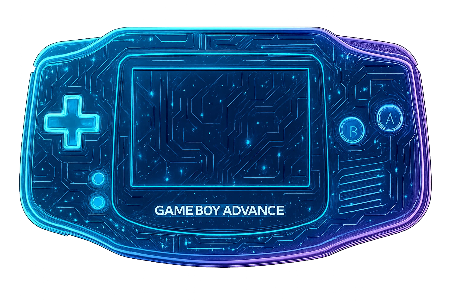 Transform the Gameboy Advance into a cyberpunk, holographic style with glowing neon blue and pink edges. Add intricate circuit patterns throughout the entire device while maintaining the recognizable shape, buttons, and screen. Overlay neon and circuit effects in a futuristic, clean style consistent with cyberpunk icons. The whole device should have a consistent cyberpunk glow and intricate circuit details. Transparent background. emoji