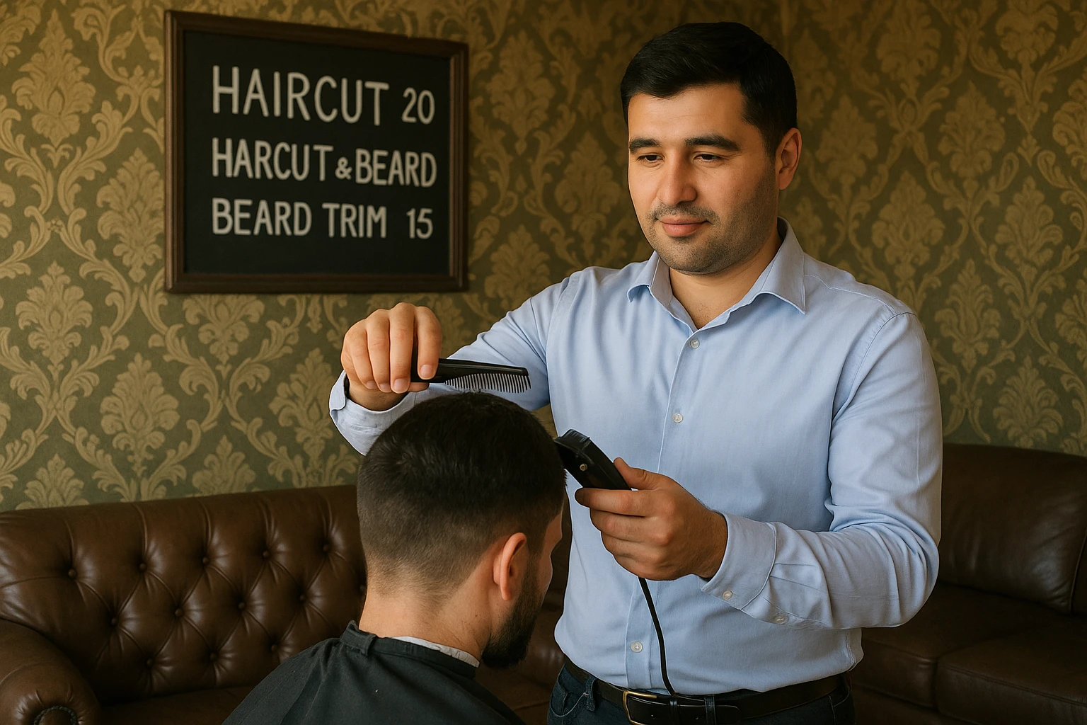 Draw me a picture of a barbershop that looks like this guy working in a barbershop. The barbershop doesn't have to be very modern. It should be on a medium floor. Also draw a blackboard on the wall. It should have the prices for haircuts there. emoji