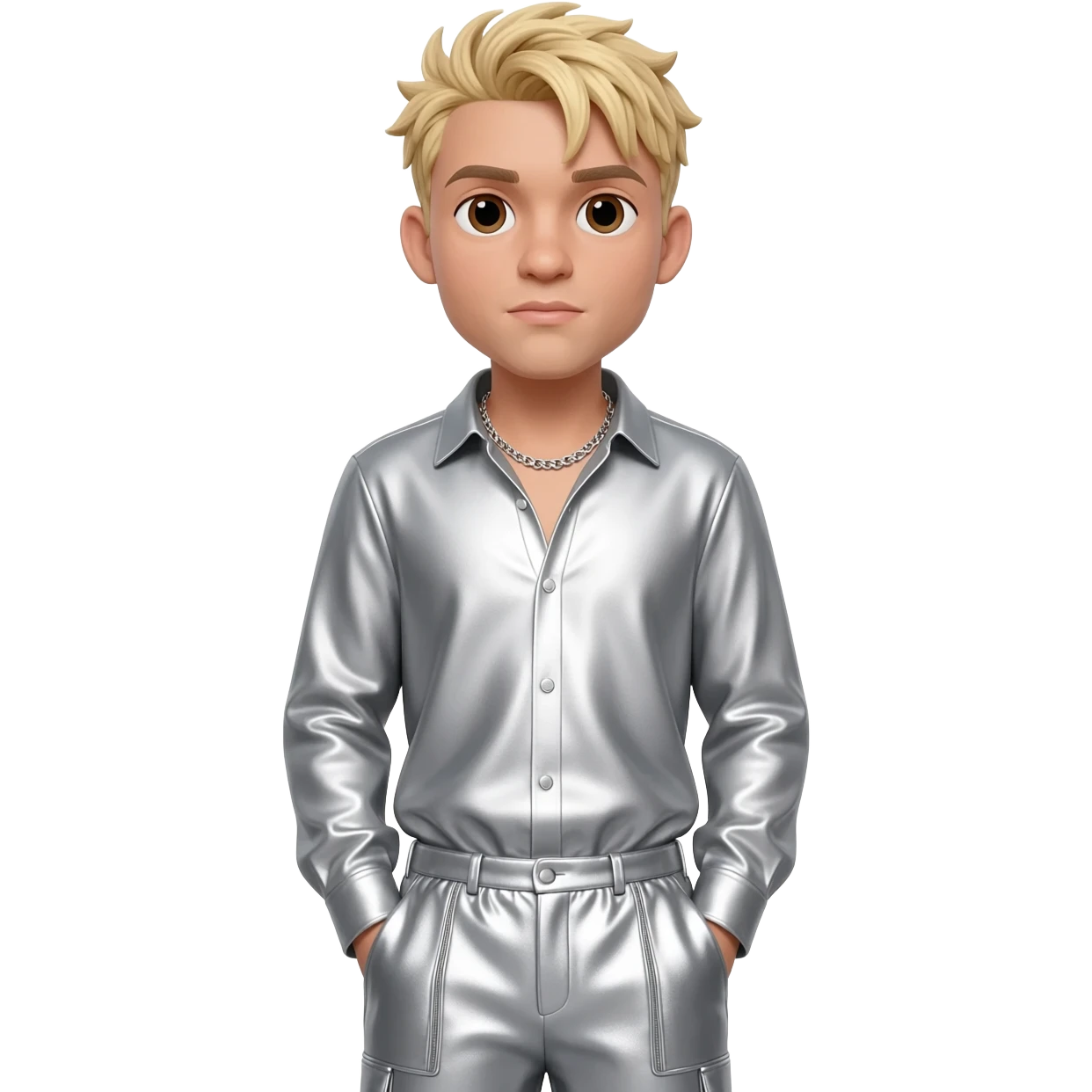 Aaron Carter with brown eyes, blonde hair, silver metallic shirt, silver metallic baggy pants, silver necklace emoji