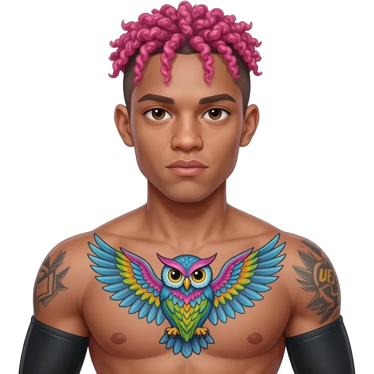 A skinny UFC fighter with curly short pink hair in braids with small face tattoos and a colorful owl tattoo with its wings spread on his chest with arm sleeves emoji