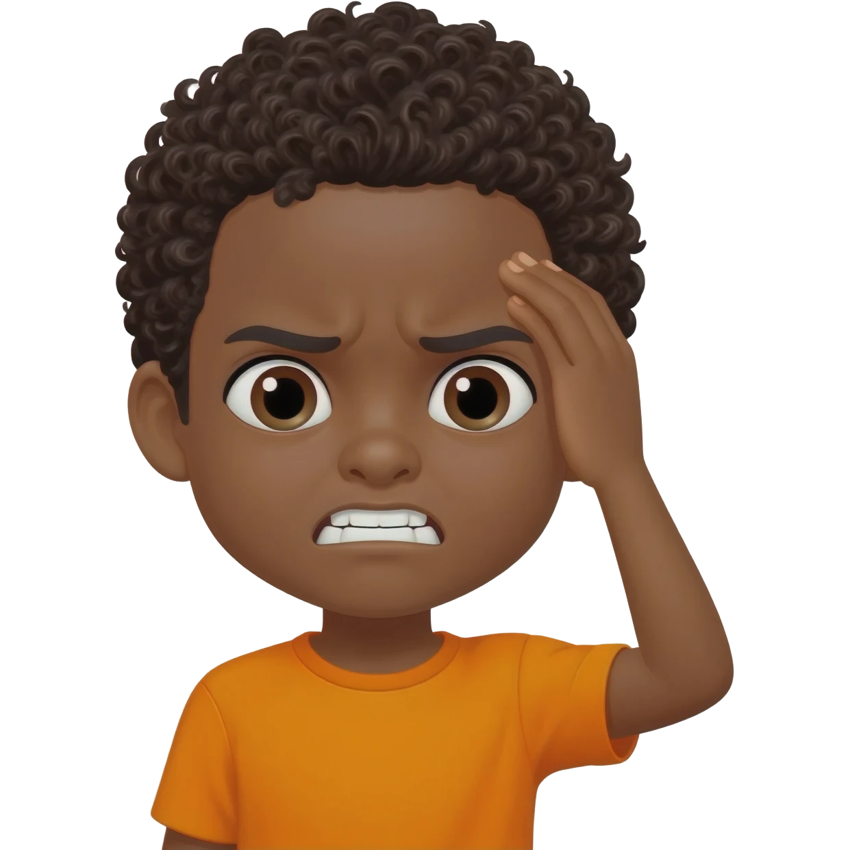 black boy curly hair orange shirt body hurts ouch emoji