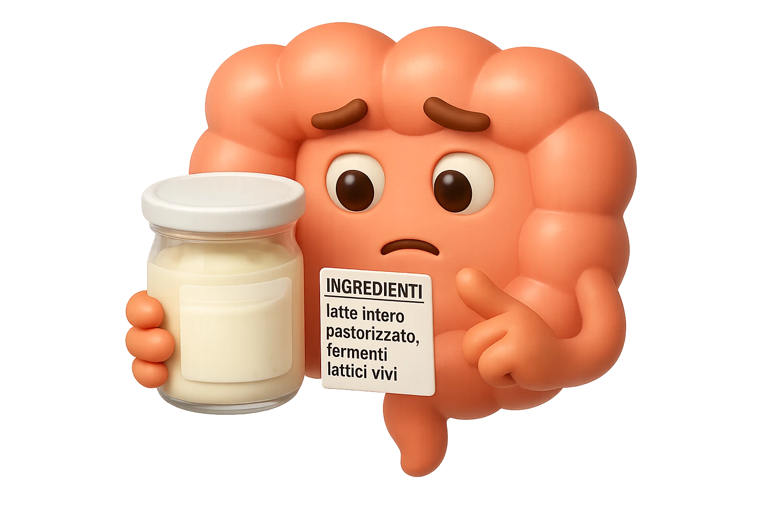 EMOJI STILE IPHONE 3D DI UN INTESTINO CHE HA IN MANO UN BARATTOLO DI YOGURT CONFEZIONATO DA SUPERMERCATO E LEGGE L'ETICHETTA NUTRIZIONALE CON GLI INGREDIENTI IN ITALIANO, ACCANTO ALLO YOGURT CHE HA IN MANO C'è UN FOCUS SULL'ETICHETTA CON GLI INGREDIENTI SCRITTI emoji