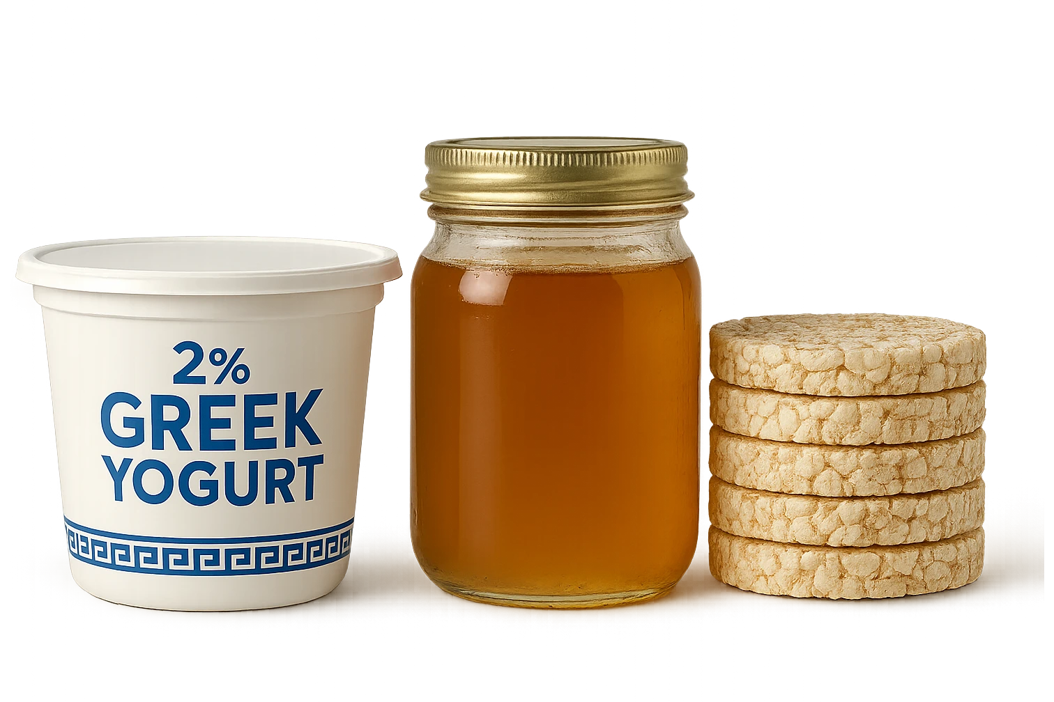 Yogurt Greco 2%
Miele (senza il cucchiaio di legno)
Gallette di Riso
vista frontale, iperrealistico 4k emoji