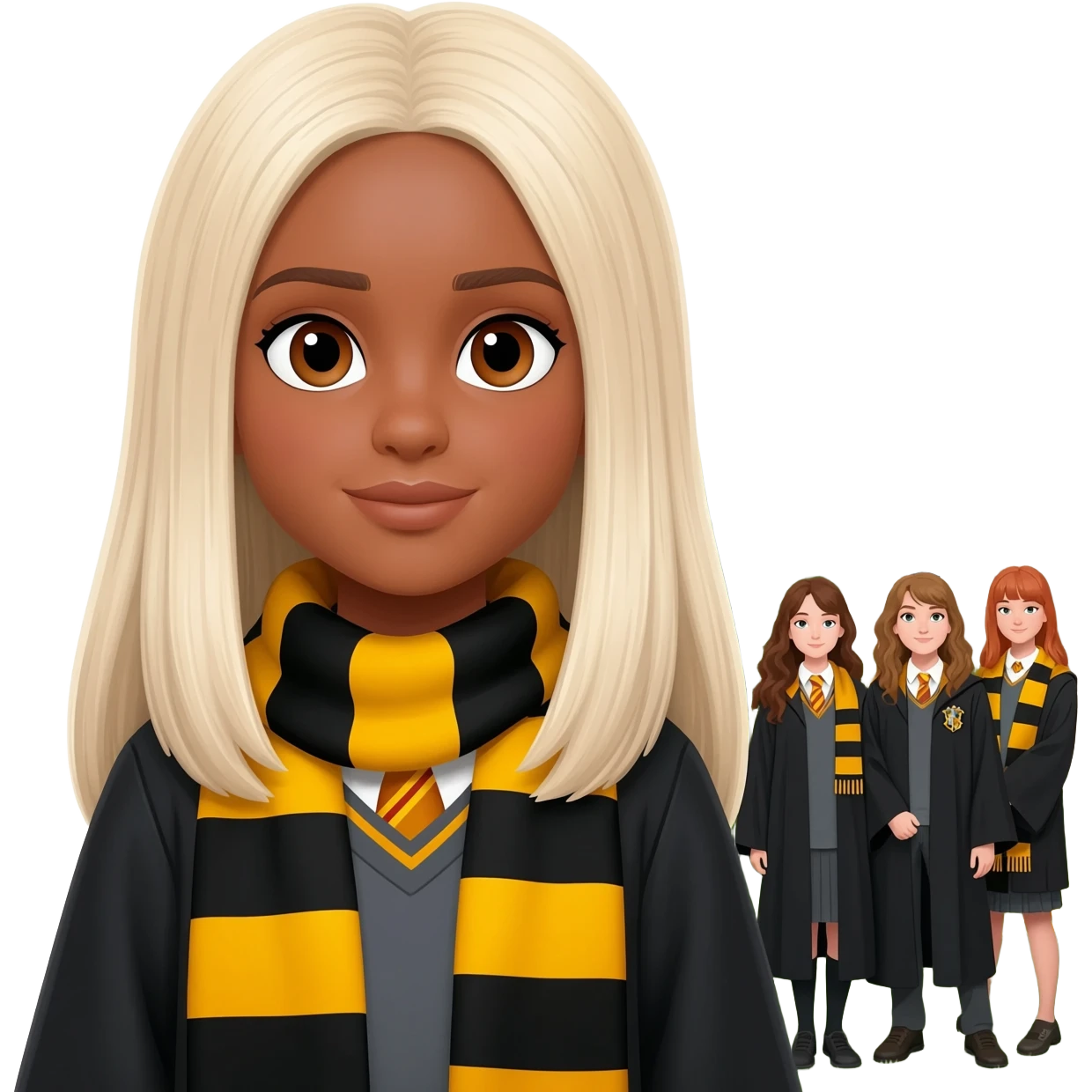 a house with hufflepuff-house-student-friend-group girl-tanned-skin and super-long straight light platinum blonde hair-brown eyes emoji
