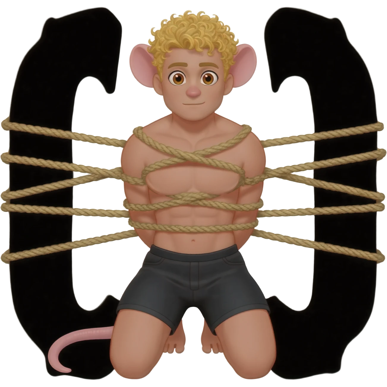 man with brown eyes, rat ears, curly blond hair. he dressed in black shorts. he is on his knees. her arms are tied up with ropes emoji