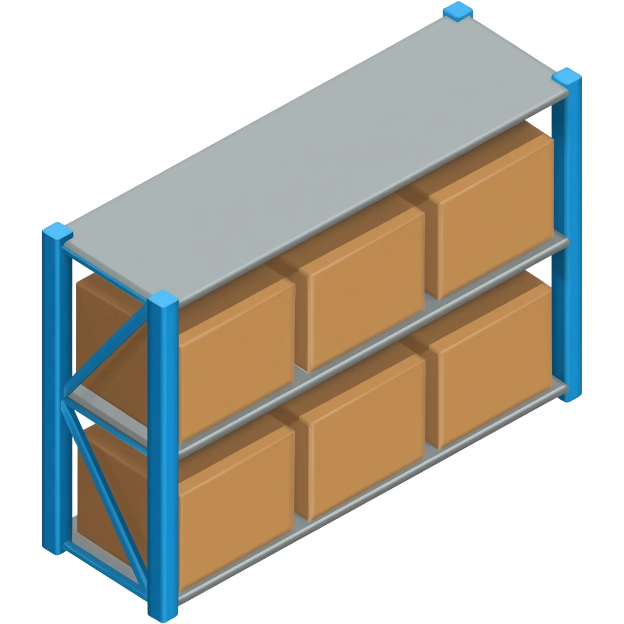 A 3D isometric icon of a large industrial warehouse shelf with several neatly stacked brown cardboard boxes. Soft rounded corners, vibrant colors, clean studio lighting, high resolution, minimalist 3D render style emoji