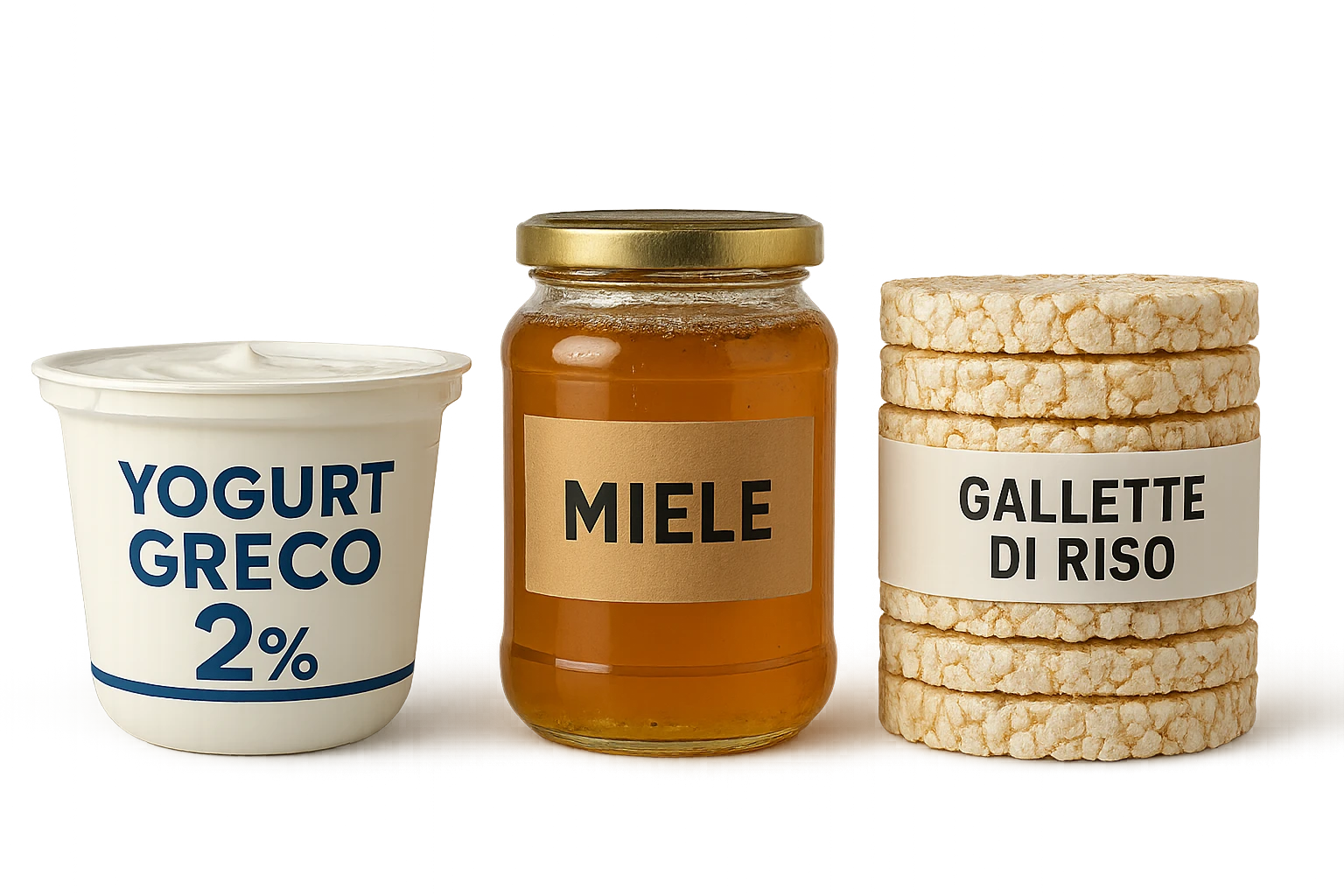 Yogurt Greco 2%
Miele
Gallette di Riso
vista frontale, iperrealistico 4k emoji