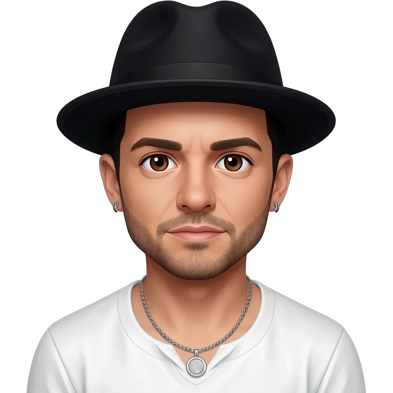 AJ McLean from Backstreet Boys with brown eyes, black hair and short beard, black hat, white metallic shirt silver necklace with short earrings emoji