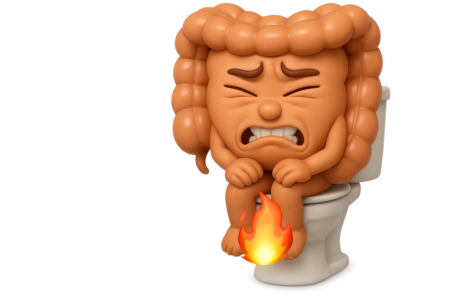 SU QUESTO STILE FAI UN EMOJI STILE IPHONE 3D DI UN INTESTINO CHE sta seduto sul wc e dal wc in mezzo alle sue gambe esce una fiamma stile emoji iphone, FAGLI UN ESPRESSIONE di dolore mentre si sforza E FALLO MOLTO REALISTICO IN 3D emoji
