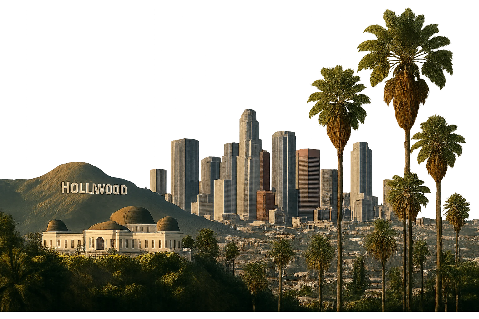 cinematic realistic emoji of Los Angeles, wide city view with iconic landmarks such as the Hollywood Sign, Griffith Observatory, downtown LA skyline, and palm trees, lifelike architectural detail, accurate colors, bright daytime lighting, fully transparent background, no sky, no clouds, no city name label emoji