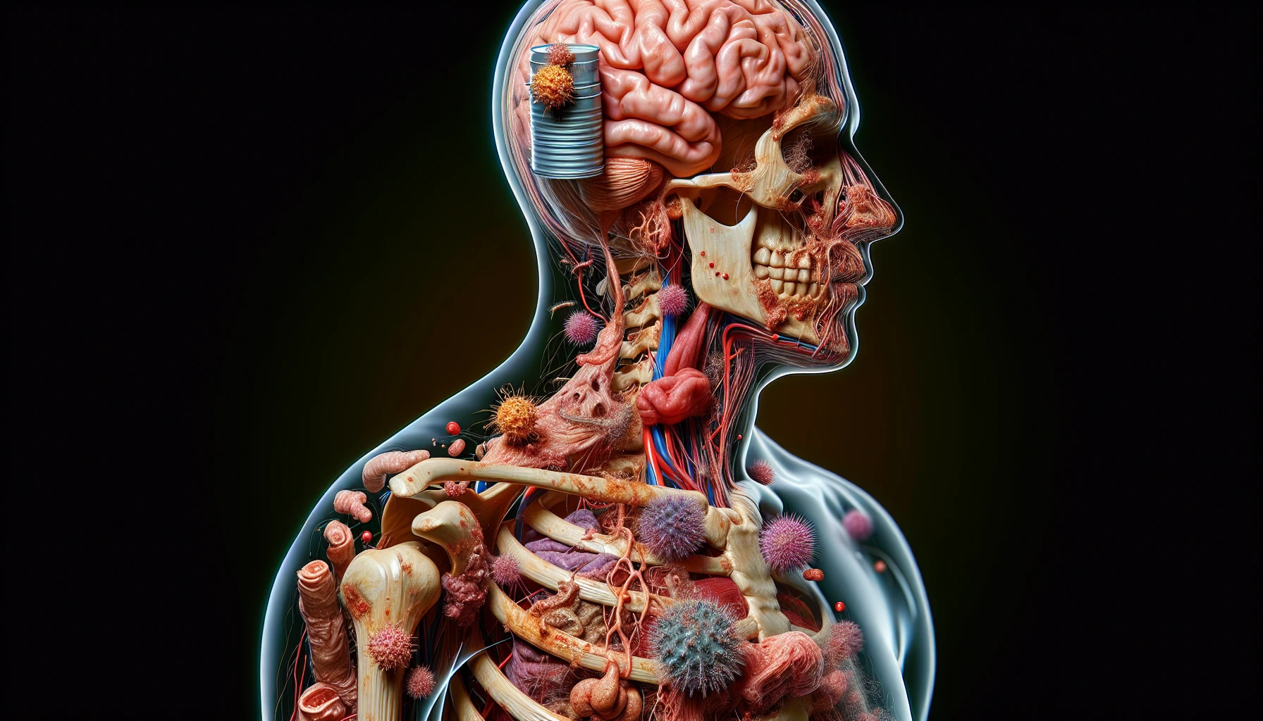corpo umano anatomico che accumula tossine e virus e malattie nel corpo , iperrealistico 4k emoji