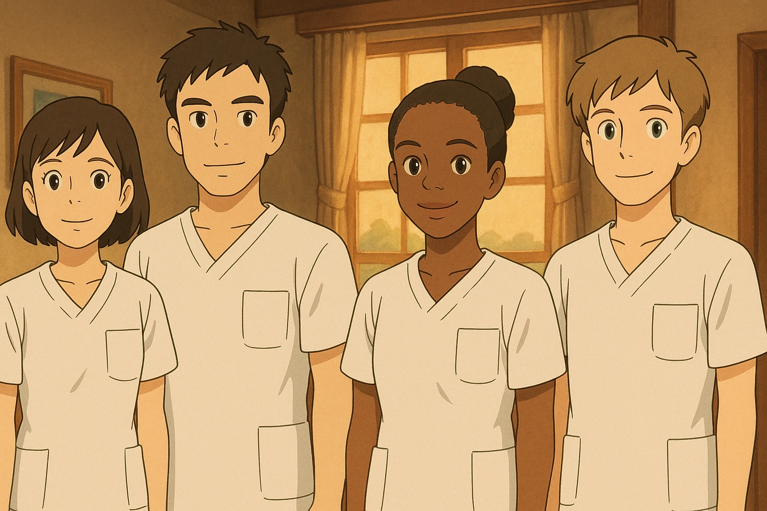 four nursing students standing side by side, inspired by four provided faces, wearing white short-sleeve medical tunics with V-neck, left chest pocket, no collar, no undershirt, no stethoscope, warm indoor ambiance, Ghibli style emoji