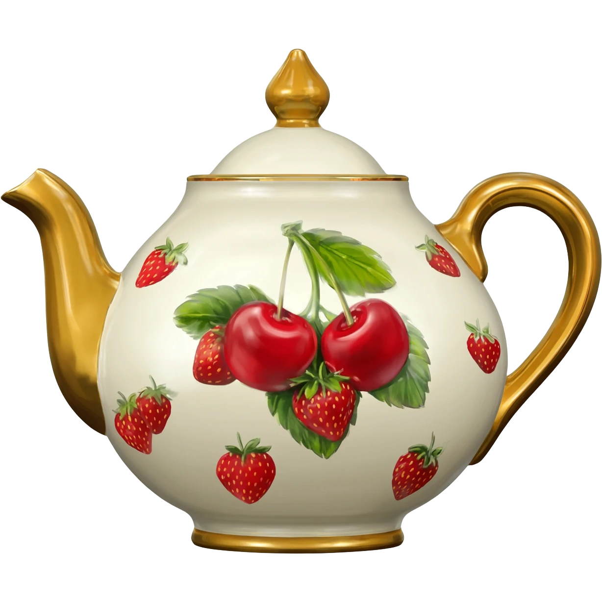 A Vintage luxurious Tea pot that features a cherries & strawberries detailed colorful pattern print, main color of pot is off white, realistic gold edging isolated, 3D rendering,, 8k, 600 dpi. No emoji icons no emoji faces no human figures  emoji