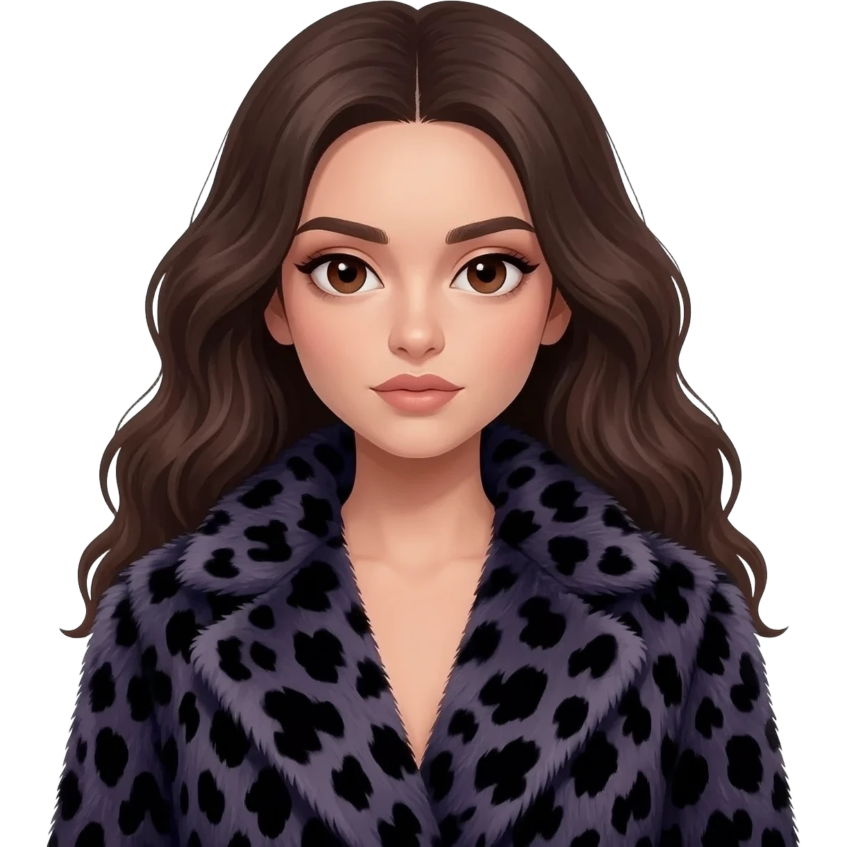 A stylish young woman with long, wavy dark brown hair and defined, expressive eyebrows. She has deep brown eyes with a calm, aesthetic gaze. She is wearing a chic, oversized dark leopard-print faux fur coat.modern, high-fashion, and slightly mysterious vibe.8k resolution, cinematic lighting. emoji