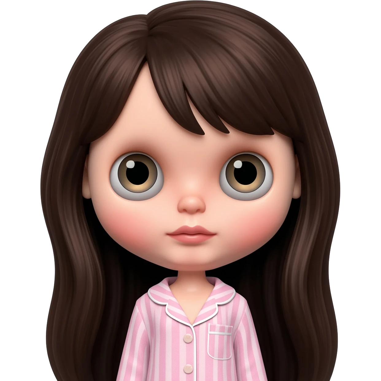 Make me an emoji that is wearing pajamas maker her a Blythe doll type emojiMake her hair longer Make her hair darker Make her hair a darker brown give her pale skin Maker more peach white pale emoji
